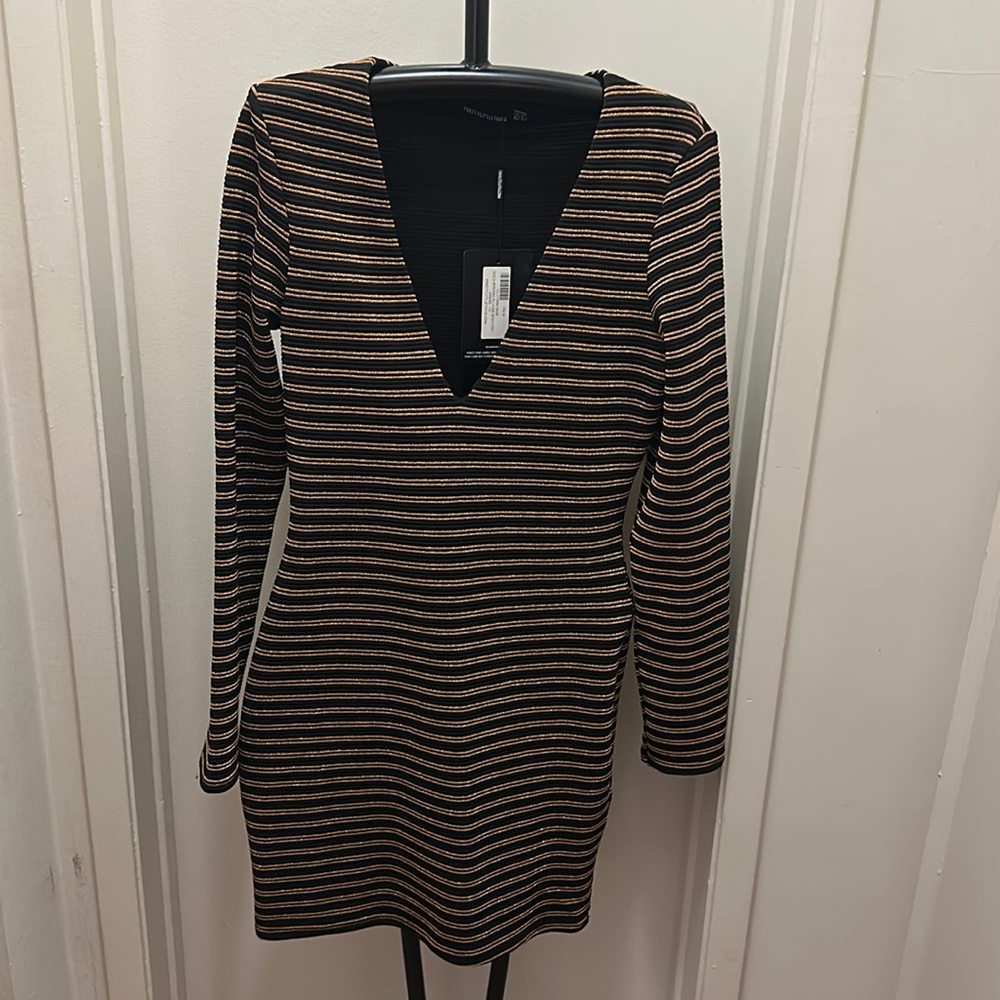 Pretty Little Thing gold striped plunge bodycon long-sleeved dress